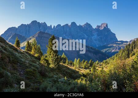 pala group mountains pale di san Martino with blue sky in summer Stock Photo
