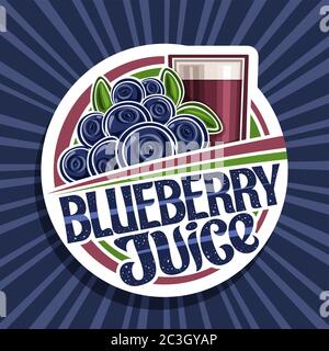 Vector logo for Blueberry Juice, decorative cut paper label with illustration of berry drink in glass, pile of cartoon blueberries, fruit concept with Stock Vector