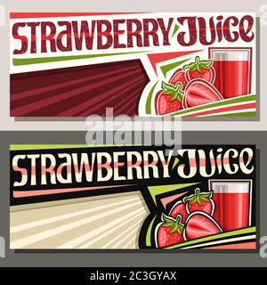 Vector banners for Strawberry Juice with copyspace, decorative horizontal layouts with illustration of berry drink in glass, strawberries with leaves, Stock Vector
