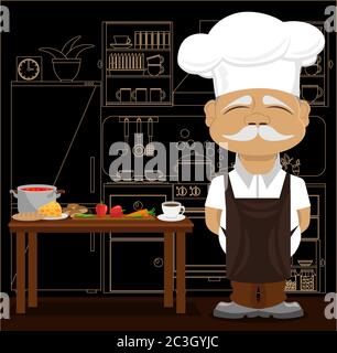 Good chef in the kitchen. Vector illustration on the theme of food and cooking. Stock Vector