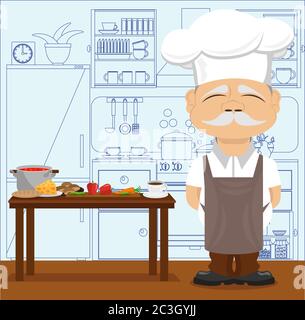 Good chef in the kitchen. Vector illustration on the theme of food and cooking. Stock Vector