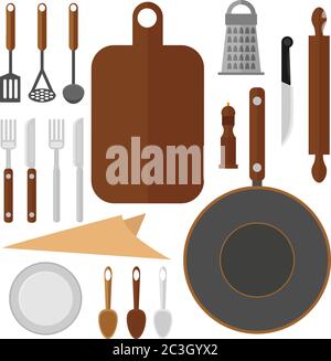 Set of Cutlery and dishes: frying pan, forks, spoons, cups. Vector illustration on the topic of kitchen utensils and cooking. Stock Vector