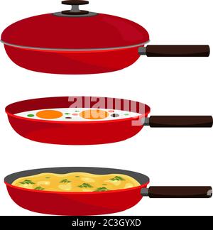 A set of pans. Vector kitchen pans with fried eggs and empty ones on a vector isolated background. Stock Vector