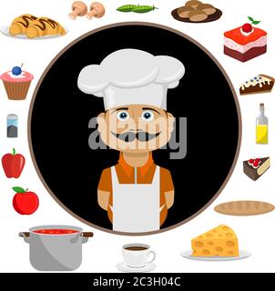 A good cook and a set of different products. Vector illustration on the theme of cooking. Stock Vector