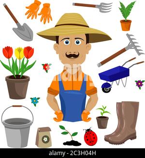 Male gardener. Vector illustration on the theme of gardening and Hobbies on a white isolated background. Stock Vector