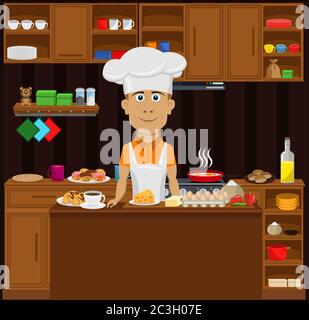 Cook a person preparing lunch in the kitchen. Vector illustration on the theme of interior and cooking. Stay home. Stock Vector