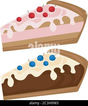 Sweet cake with cherry. Vector icon of sweet cake with jelly and souffle layers and raspberry jam. Set of cakes. Stock Vector