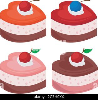 Set of cakes in the form of hearts. Vector illustration on the theme of eating souffle cakes sweets. Stock Vector