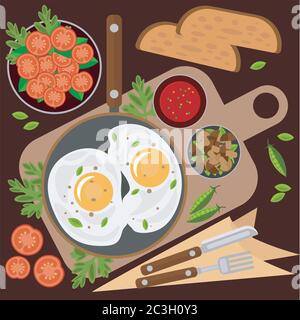 Fried eggs in a frying pan, tomato salad, mushrooms and vegetables. Vector illustration on the theme of food, healthy breakfast. Stock Vector