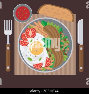 Scrambled eggs with bacon, vegetables and mushrooms. Vector illustration on the theme of food, top view. Stock Vector