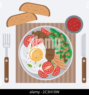 Scrambled eggs with sausage, vegetables and mushrooms. Vector illustration on the theme of food, top view. Stock Vector