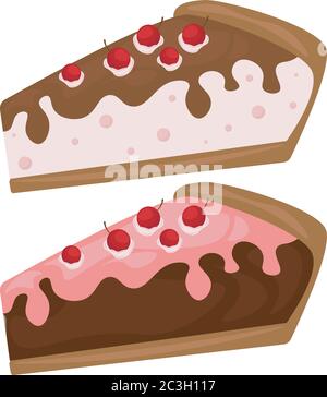 Sweet cake with cherry. Vector icon of sweet cake with jelly and souffle layers and raspberry jam. Set of cakes. Stock Vector
