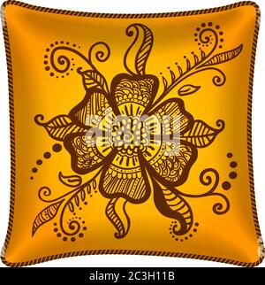 Interior design element: Decorative pillow, patterned pillowcase (henna flower). Isolated on white. Vector illustration. Stock Vector
