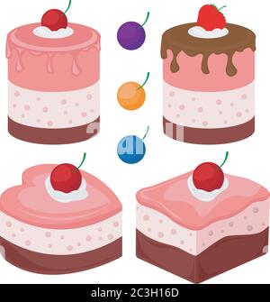 Sweet cake with cherry. Vector icon of sweet cake with jelly and souffle layers and raspberry jam. Set of four cakes. Stock Vector