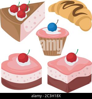 Set of cakes, cheesecakes and croissants. Vector illustration on the theme of confectionery. Stock Vector