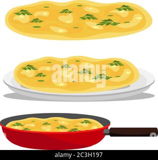 Omelette. Set of three omelets: in a pan, on a plate and isolated on a white background. Vector illustration. Stock Vector