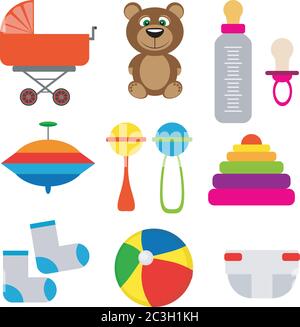 Baby kit: stroller, feeding bottle, socks, toys. Vector illustration in flat style on white isolated background. Stock Vector