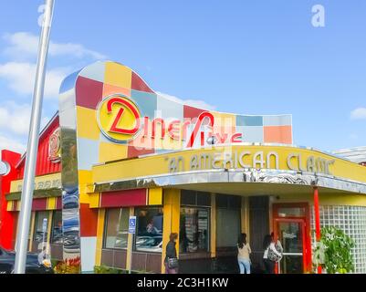 New England USA - October 19 2014; Classical retro American Diner Deluxe bright signage and colors. Stock Photo