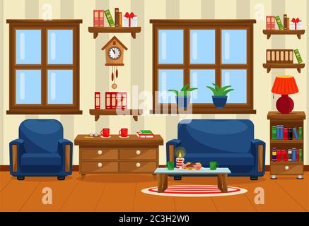 Vector illustration with sofa, bookcase, window and lamp. The interior of the living room. Stock Vector