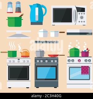 Set of kitchen appliances and utensils. Kitchen gas stoves, microwave and pots. Vector illustration. Stock Vector