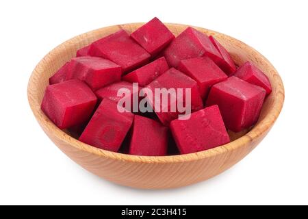 beetroot diced in wooden bowl isolated on white background with clipping path and full depth of field Stock Photo