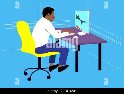 Vector illustration. Young black man using laptop in office. Afro-American businessman using internet to trade. Stock Vector