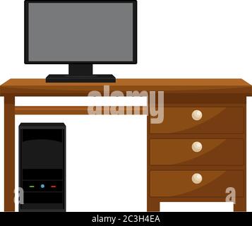 Wooden desktop computer with monitor and system unit. Vector illustration on the theme of furniture. Stock Vector