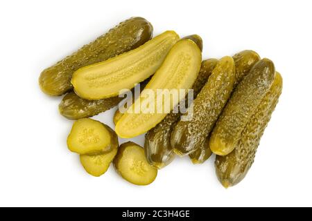 Marinated pickled cucumber isolated on white background with clipping path and full depth of field. Top view. Flat lay Stock Photo