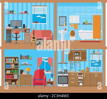 Large set of living rooms: living room, bedroom, bath, kitchen. Vector illustration on the theme of architecture. Stock Vector