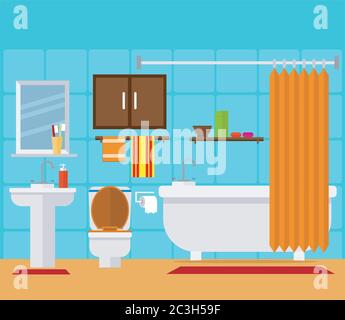 Bathroom with wardrobe, toilet, mirror, wardrobe and washbasin. Vector illustration on the theme of the interior. Stock Vector