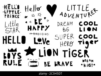 Vector set hand drawn lettering isolated on white background. Cute kids phrases for baby room, greeting card, print on the wall, pillow. Outline text. Stock Vector