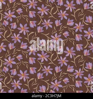 purple wildflowers seamless vector pattern on brown Stock Vector