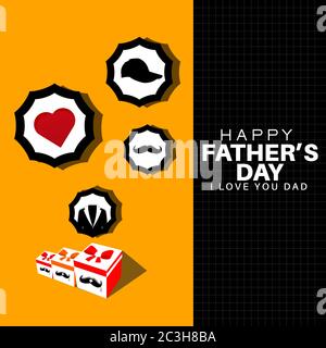 Drawings of gift box, mustache, tag, jacket, heart and hat on orange background. Happy fathers day and i love you dad lettering. Stock Vector