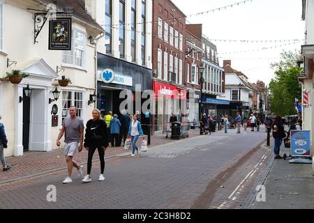 Ashford, Kent, UK. 20 June, 2020. Following the announcement by the government that non essential shops can open, the Ashford town centre high street appears busier than it has in the past few months of the Coronavirus pandemic during the first weekend of shops opening. Photo Credit: Paul Lawrenson/Alamy Live News Stock Photo