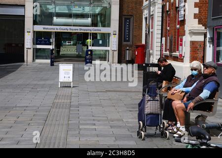 Ashford, Kent, UK. 20 June, 2020. Following the announcement by the government that non essential shops can open, the Ashford town centre high street appears busier than it has in the past few months of the Coronavirus pandemic during the first weekend of shops opening. Photo Credit: Paul Lawrenson/Alamy Live News Stock Photo