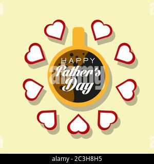 Illustration of cup full of coffee and red colored heart on cream color background. Heart drawings around the glass. Happy fathers day. Stock Vector