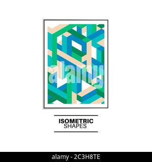 Geometric work in green, blue and cream color. Colorful work with framed isometric lines on white background. Stock Vector