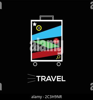 Illustration of a suitcase with white lines on a black background. Vector illustration with many colors and labels on the suitcase. Stock Vector