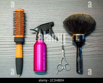 Barber tools on a wood background Stock Photo