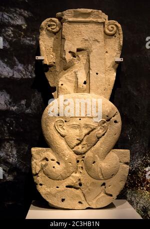 Leiden, The Netherlands - JAN 04, 2020: an old stone hathor capital statue from ancient cyprus. Limassol. Stock Photo