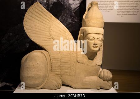 Leiden, The Netherlands - JAN 04, 2020: a stone burial Sphinx statue with egyptian pschent crown from ancient Cyprus. Ancient Egypt influences in Cypr Stock Photo