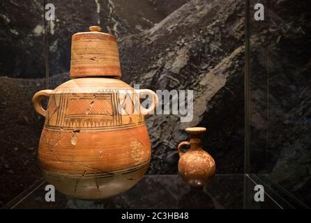 Leiden, The Netherlands - JAN 04, 2020: old decorated pottery from ancient Cyprus. Amphora. Stock Photo