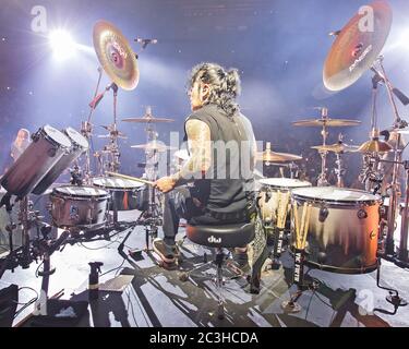 Drummer Alex Gonzalez, El Animal, performs with Mexican pop-rock band Mana at the American Airlines Arena in Miami, Florida. Stock Photo