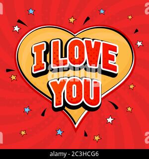 I love you in pop art style. Red heart background Stock Vector