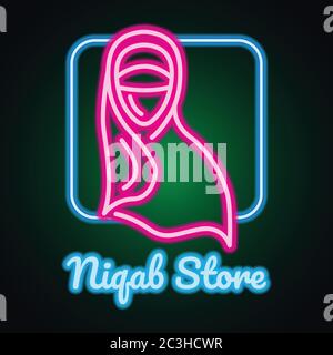 hijab logo with neon sign effect for hijab and niqab store, vector illustration Stock Vector