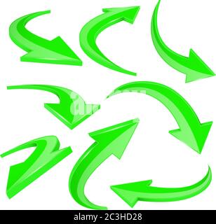 Green shiny 3d arrows. Curved signs Stock Vector