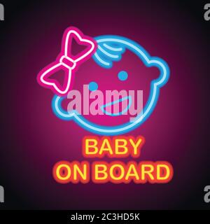 baby on board with neon light effect. vector illustration Stock Vector