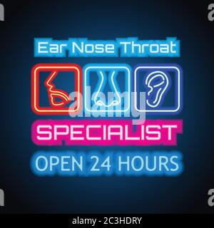 ear nose throat (ENT) neon sign plank for Otolaryngologists  clinic concept. vector illustration Stock Vector