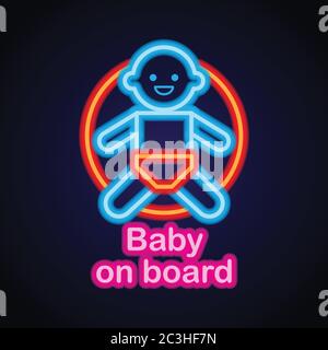 baby on board with neon light effect. vector illustration Stock Vector