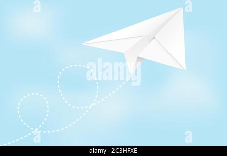 Paper airplane. Folded glider in blue sky Stock Vector